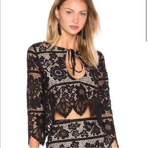 For Love & Lemons Gianna Lace Crop Top Black Small